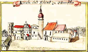 Kirch und Schlos zu Ottmuth - Zamek i koci, widok oglny